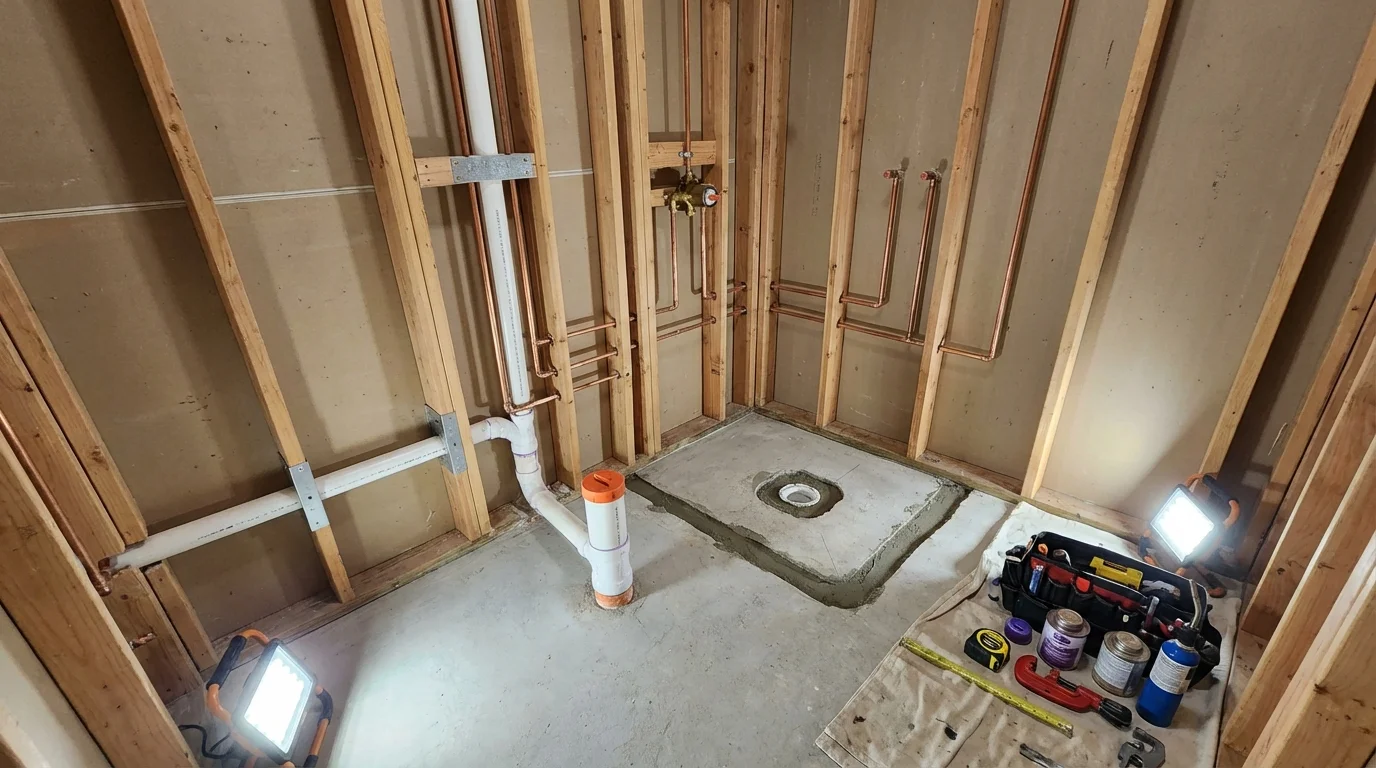Bathroom rough-in plumbing during remodel by Johns Plumbing LLC in Hopewell