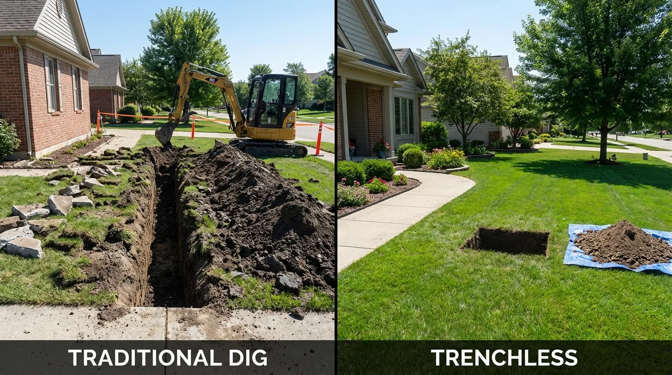 Trenchless sewer repair with minimal yard damage versus traditional excavation in Hopewell, VA